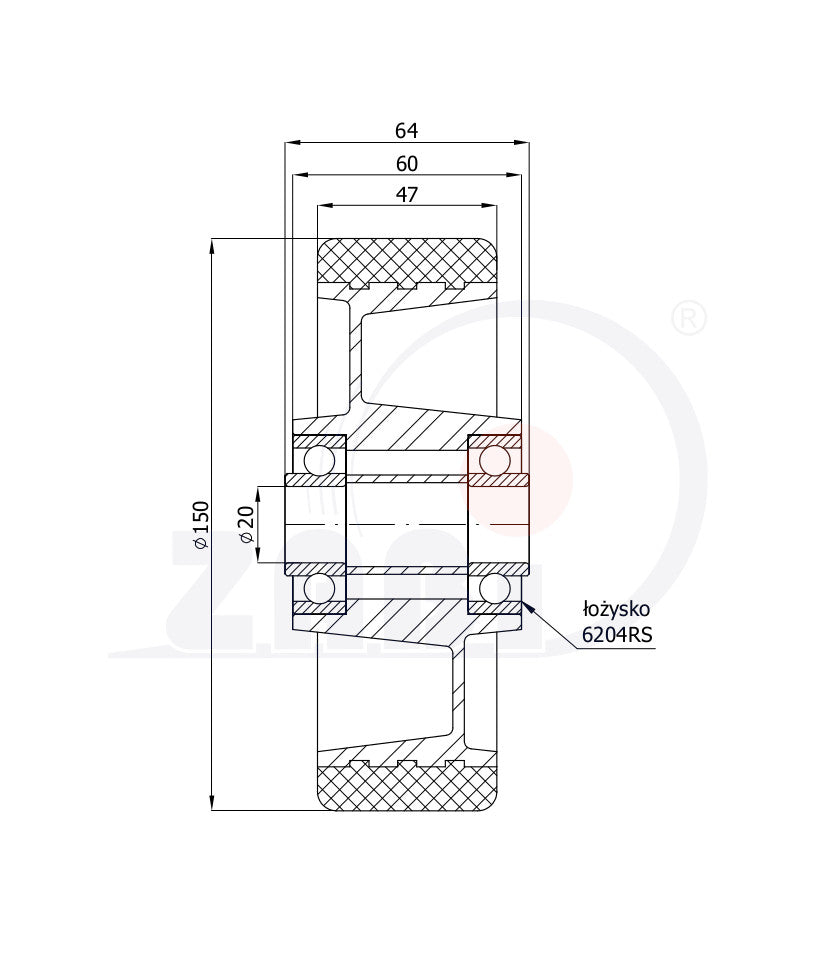Koło aluminiowo-poliuretanowe 150 mm otwór 20 mm A70P, rysunek techniczny z wymiarami