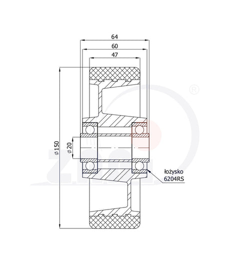Koło aluminiowo-poliuretanowe 150 mm otwór 20 mm A70P, rysunek techniczny z wymiarami