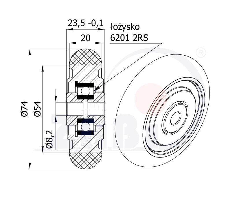 Koło aluminiowo-poliuretanowe 75 mm otwór 8 mm A75P, rysunek techniczny z wymiarami