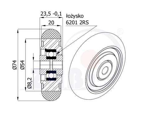 Koło aluminiowo-poliuretanowe 75 mm otwór 8 mm A75P, rysunek techniczny z wymiarami