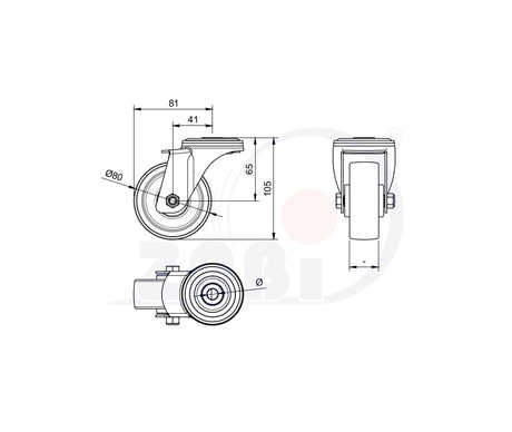Koło aluminiowo-gumowe 80 mm w obudowie z otworem i hamulcem A8GH/10, rysunek techniczny z wymiarami