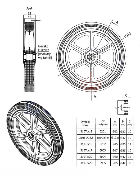 Koło do kosiarki 310 mm 310TŁ/12,8, rysunek techniczny z wymiarami