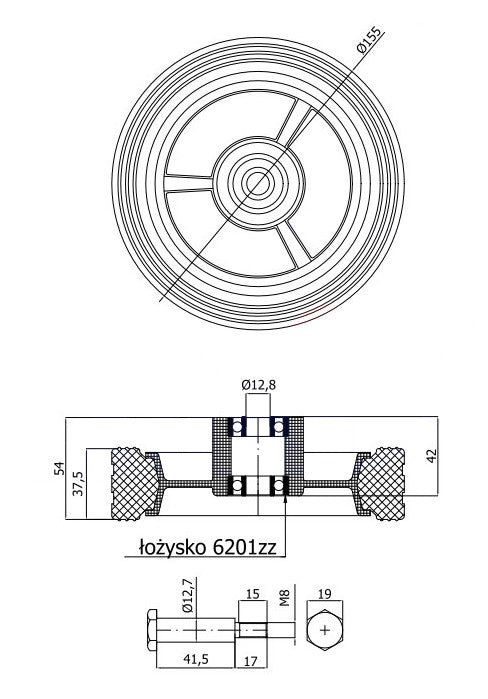 Koło do kosiarki 150 mm z zestawem montażowym K150Ł*M8, rysunek techniczny z wymiarami