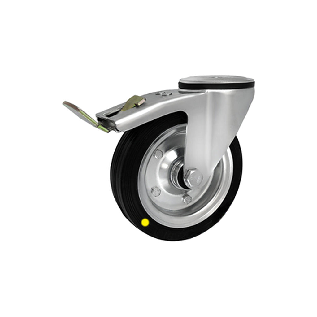 Koło elektrostatyczne metalowo-gumowe 160 mm w obudowie z otworem i hamulcem 47NH-AS