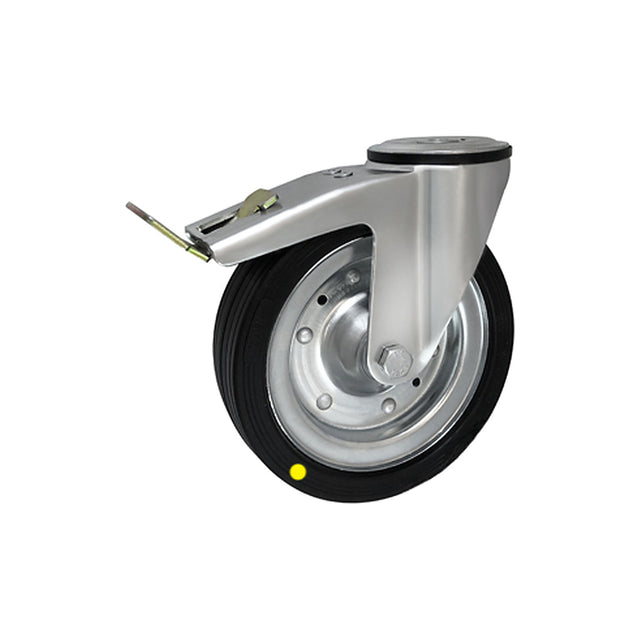 Koło elektrostatyczne metalowo-gumowe 200 mm w obudowie z otworem i hamulcem 67FH-AS