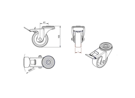 Koło elektrostatyczne metalowo-gumowe 80 mm w obudowie z otworem i hamulcem 8H/10-AS, rysunek techniczny
