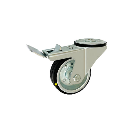 Koło elektrostatyczne metalowo-gumowe 80 mm w obudowie z otworem i hamulcem 8H/10-AS