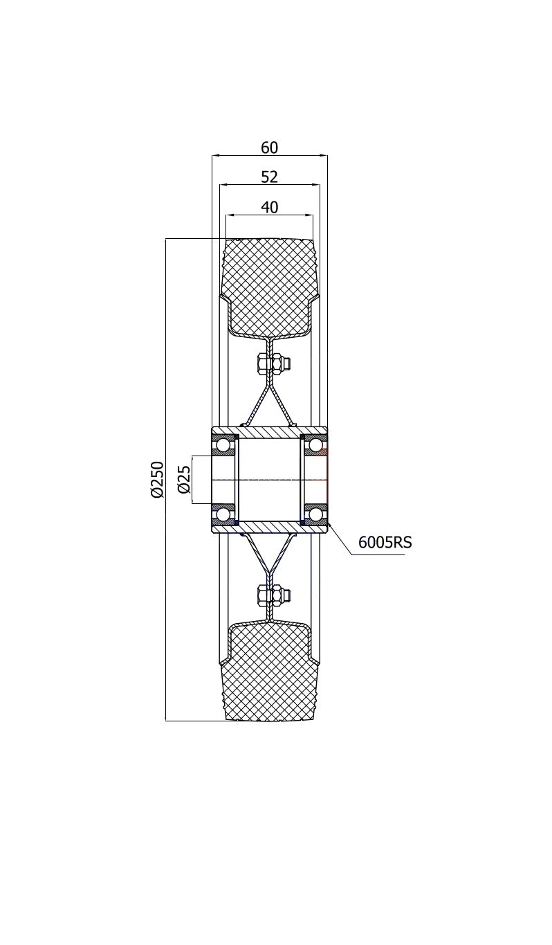 Koło elektrostatyczne metalowo-gumowe 250 mm otwór 25 mm 90Ł/25-AS, rysunek techniczny z wymiarami