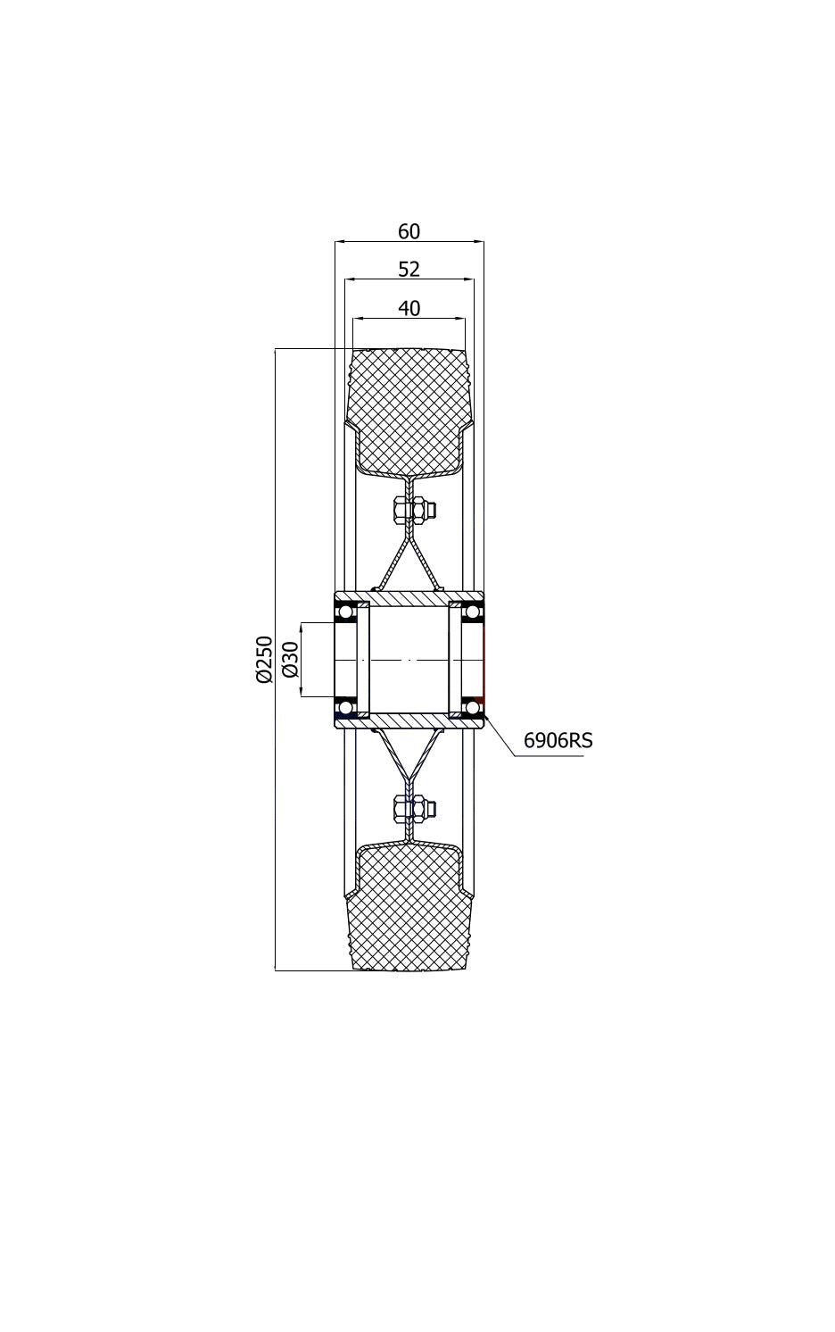 Koło elektrostatyczne metalowo-gumowe 250 mm otwór 30 mm 90Ł/30-AS, rysunek techniczny z wymiarami