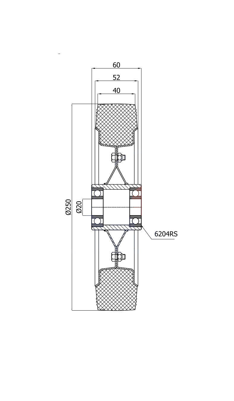 Koło elektrostatyczne metalowo-gumowe 250 mm otwór 20 mm 90Ł-AS, rysunek techniczny z wymiarami