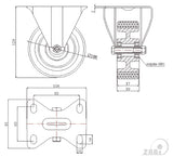 Koło elektrostatyczne aluminiowo-poliuretanowe 100 mm w obudowie stałej A13P-AS, rysunek techniczny z wymiarami