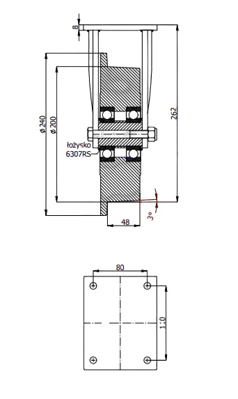 Koło kołnierzowe V63 240 mm, rysunek techniczny z wymiarami obudowy i rozstawem otworów