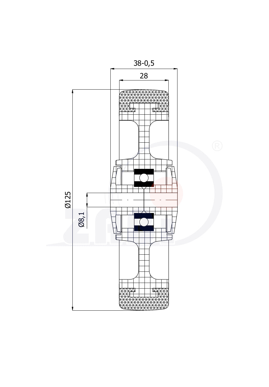 Koło meblowe 125 mm otwór 8 mm M125TŁ, rysunek techniczny z wymiarami