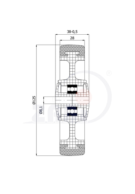 Koło meblowe 125 mm otwór 8 mm M125TŁ, rysunek techniczny z wymiarami