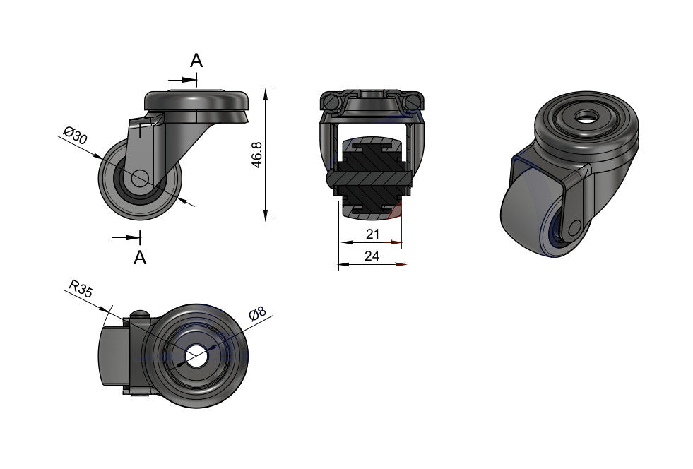 Koło meblowe 30 mm w obudowie skrętnej z otworem M37T, rysunek techniczny z wymiarami