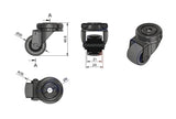 Koło meblowe 30 mm w obudowie skrętnej z otworem M37T, rysunek techniczny z wymiarami