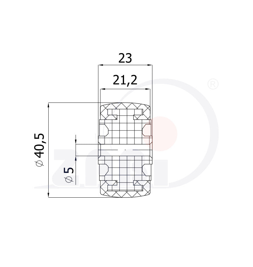 Koło meblowe 40 mm otwór 5 mm M40T, rysunek techniczny z wymiarami