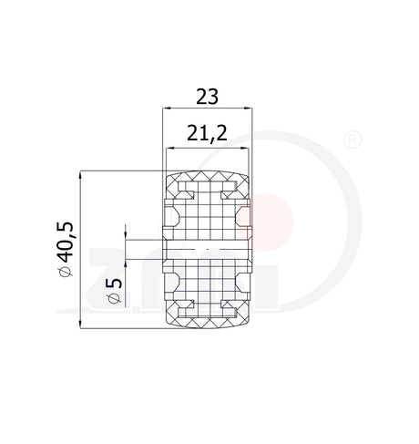 Koło meblowe 40 mm otwór 5 mm M40T, rysunek techniczny z wymiarami