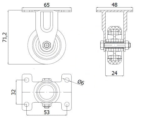 Koło meblowe 50 mm w obudowie stałej M53T, rysunek techniczny z wymiarami