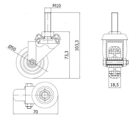 Koło meblowe 50 mm w obudowie z trzpieniem M10x30 M54T*M10, rysunek techniczny z wymiarami