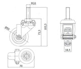 Koło meblowe 50 mm w obudowie z trzpieniem M10x30 M54T*M10, rysunek techniczny z wymiarami