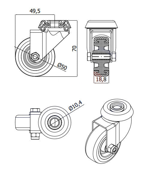 Koło meblowe tworzywowo-poliuretanowe 50 mm w obudowie skrętnej z otworem M57TPU, rysunek techniczny z wymiarami