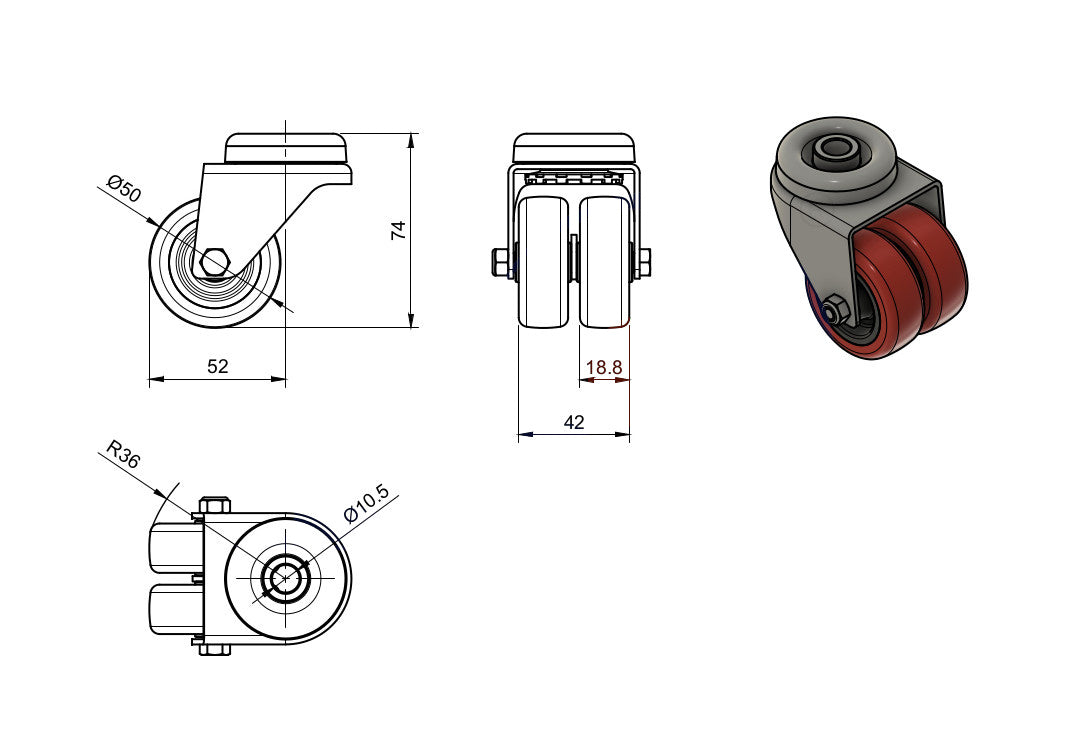 Koło meblowe tworzywowo-poliuretanowe typu tandem 50 mm w obudowie skrętnej z otworem M57TPU2, rysunek techniczny