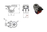 Koło meblowe typu tandem 50 mm w obudowie z otworem i hamulcem M57TPUH2, rysunek techniczny