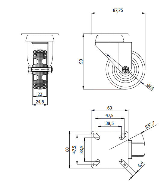 Koło meblowe 64 mm w obudowie skrętnej M62T, rysunek techniczny z wymiarami