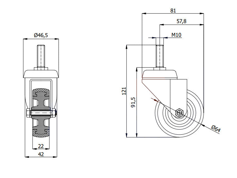 Koło meblowe 64 mm w obudowie z trzpieniem M10x30 M64T*M10, rysunek techniczny z wymiarami
