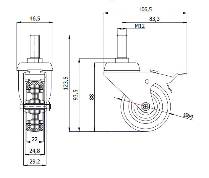 Koło meblowe 64 mm w obudowie z trzpieniem M12x30 i hamulcem M64TH*M12, rysunek techniczny