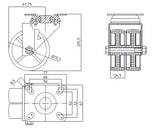 Koło meblowe typu tandem 75 mm w obudowie skrętnej M72B2, rysunek techniczny z wymiarami