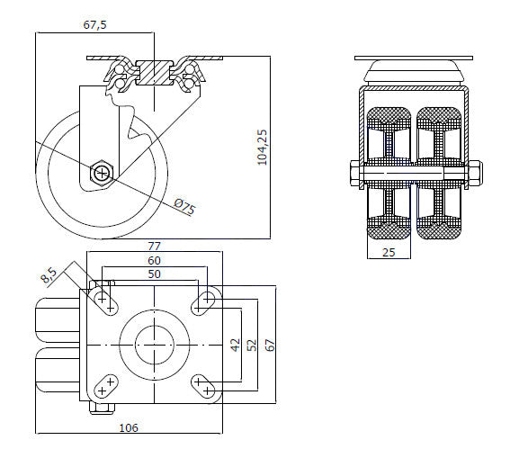 Koło meblowe typu tandem 75 mm w obudowie skrętnej M72T2, rysunek techniczny z wymiarami