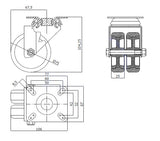 Koło meblowe typu tandem 75 mm w obudowie skrętnej M72T2, rysunek techniczny z wymiarami