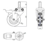 Koło meblowe 75 mm w obudowie z trzpieniem M12x30 i hamulcem M74TŁH*M12, rysunek techniczny