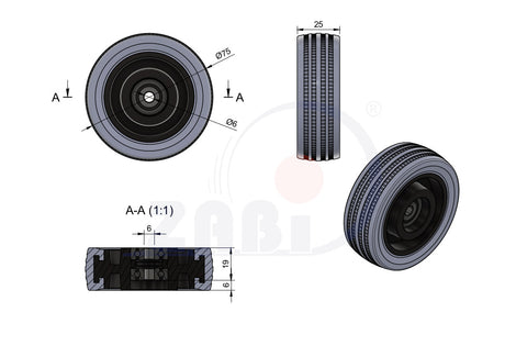 Koło meblowe 75 mm otwór 6 mm M75TPUŁ/6, rysunek techniczny z wymiarami