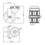 Koło meblowe typu tandem 75 mm w obudowie skrętnej z otworem M77B2, rysunek techniczny
