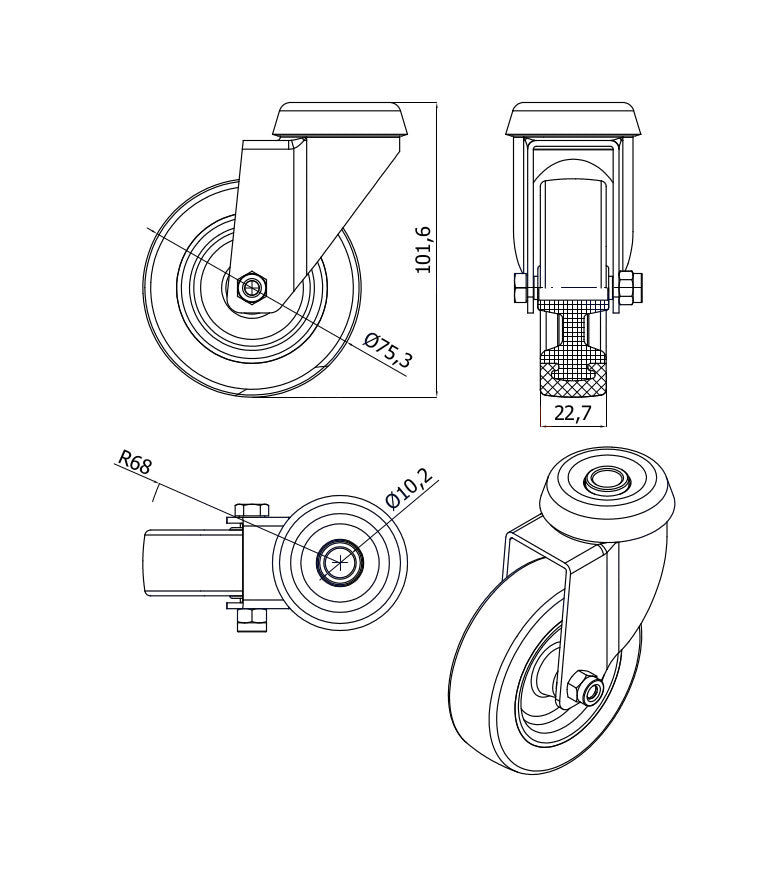 Koło meblowe tworzywowo-poliuretanowe 75 mm w obudowie skrętnej z otworem M77TPU, rysunek techniczny z wymiarami