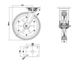 Koło metalowo-gumowe 300 mm w obudowie skrętnej 1002MŁD, rysunek techniczny z wymiarami