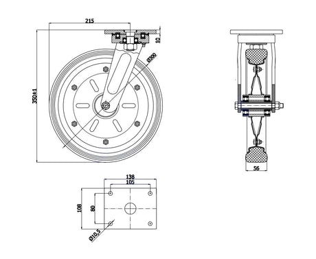 Koło metalowo-gumowe 300 mm w obudowie skrętnej 1002MŁD, rysunek techniczny z wymiarami