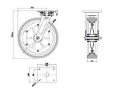 Koło metalowo-gumowe 300 mm w obudowie skrętnej 1002MNŁD, rysunek techniczny z wymiarami