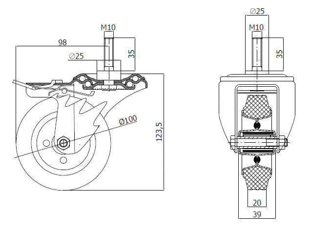 Koło metalowo-gumowe 100 mm w obudowie z trzpieniem M10x35 i hamulcem 16SH*M10, rysunek techniczny