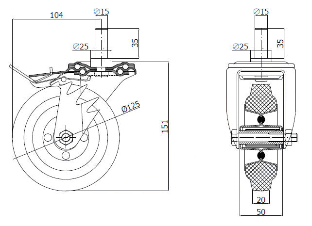 Koło metalowo-gumowe 125 mm w obudowie z trzpieniem ø15x35 i hamulcem 26MSH*15, rysunek techniczny