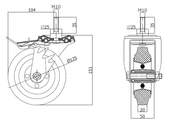 Koło metalowo-gumowe 125 mm w obudowie z trzpieniem M10x35 i hamulcem 26MSH*M10, rysunek techniczny