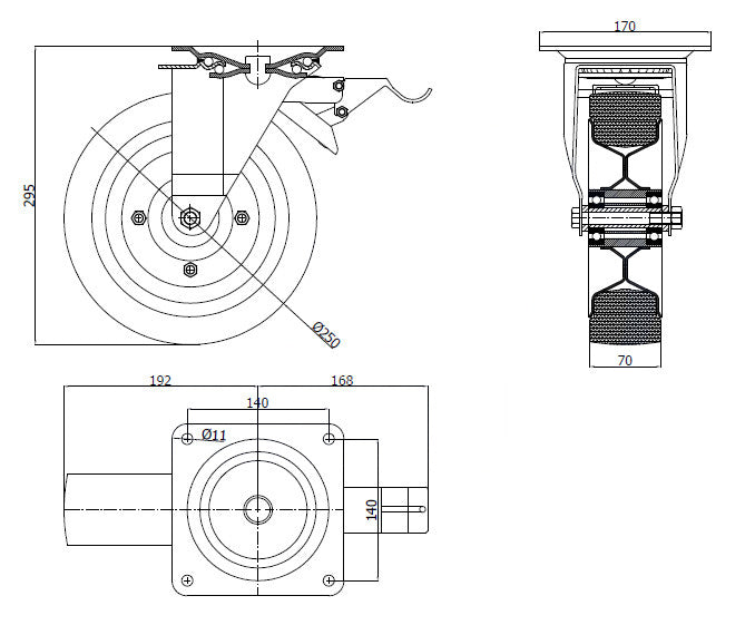 Koło metalowo-gumowe 250 mm w obudowie skrętnej z hamulcem 95NNŁH, rysunek techniczny z wymiarami