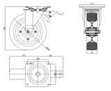 Koło metalowo-gumowe 250 mm w obudowie skrętnej z hamulcem 95NNŁH, rysunek techniczny z wymiarami