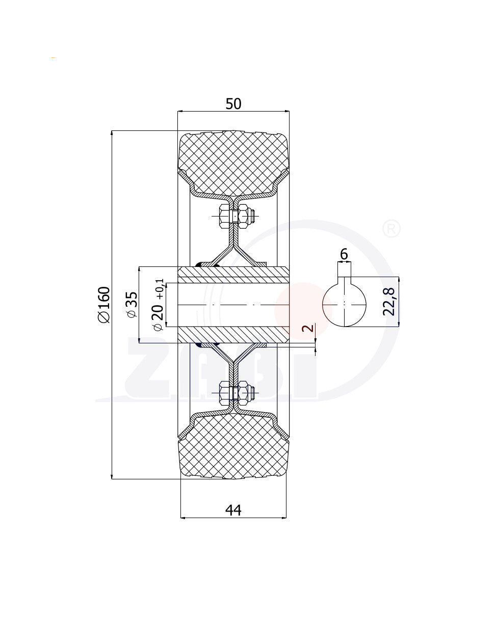 Koło napędowe 160 mm wpust 6x6 49NK/20, rysunek techniczny z wymiarami