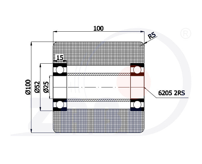 Koło poliamidowe 100x100 do wózka paletowego R-100-100/25, rysunek techniczny z wymiarami