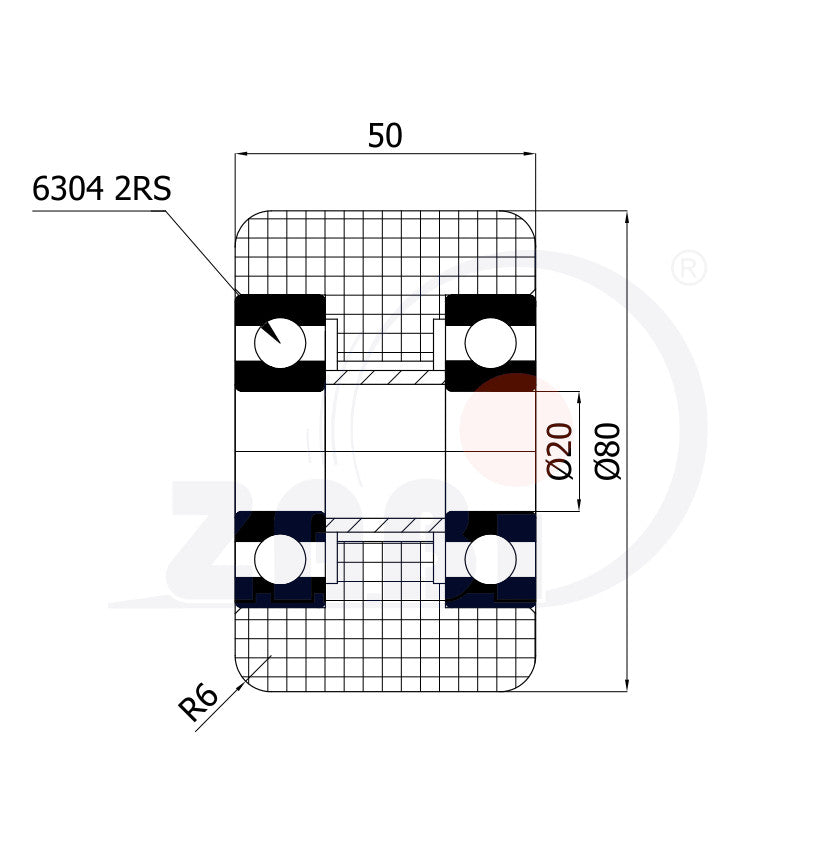 Koło poliamidowe pa6g 80x50 do wózka paletowego R-80-50-PA6G, rysunek techniczny z wymiarami