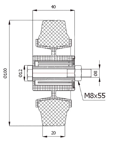 Koło tworzywowo-gumowe fi 100mm 11T, rysunek techniczny z wymiarami montażowymi
